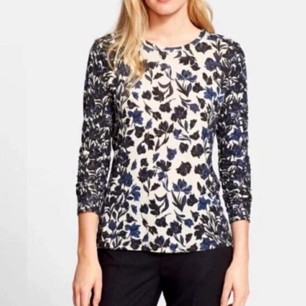 Tory Burch Black & Blue Floral Pima Cotton Long Sleeve Top-Large